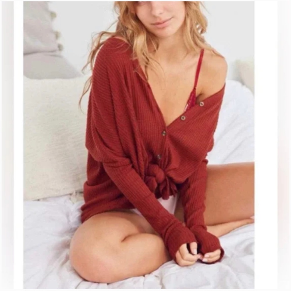 Urban Outfitters Out From Under Waffle Knit Button Up Shirt Rust Small S
